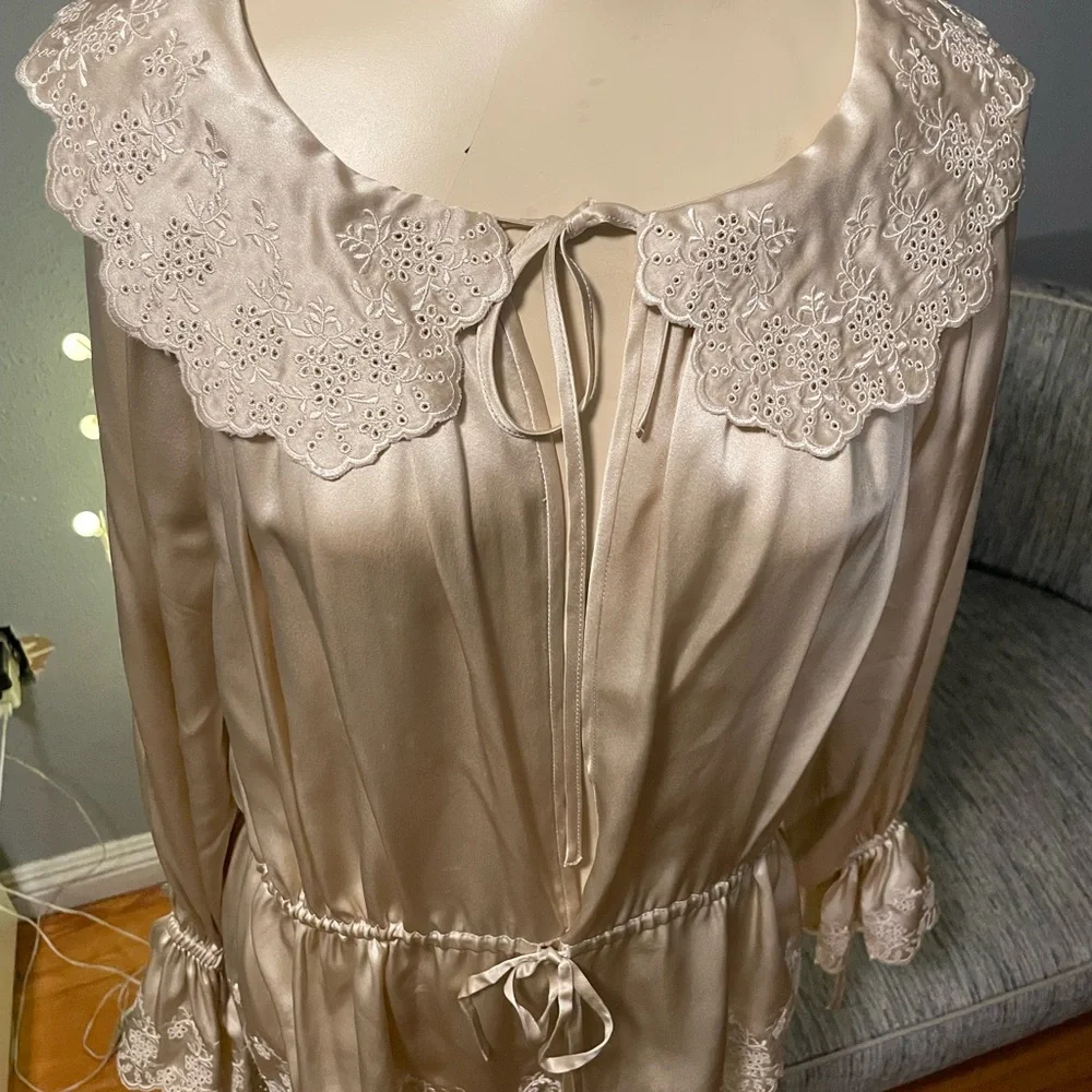 Reformation Cream Satin Lace-Trim Peasant Blouse